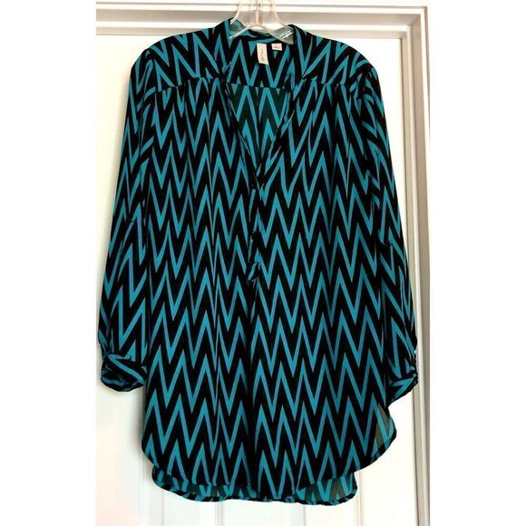 TACERA - NWOT 🎉HPx2🎉 L Sz L Tunic-Length 3/4-Button Chevron Blouse/Black & Teal - Picture 12 of 13